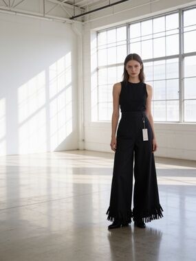 Designer fringe pant with side zip per and pockets